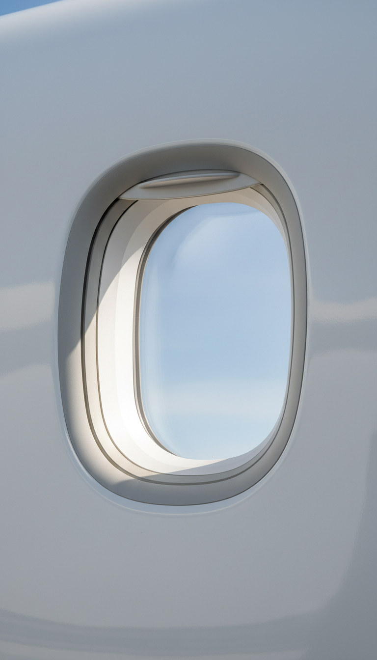 A close-up, detailed shot of a aircraft window with crack-free, streak-free transparency and shining aluminum frame, featuring subtle reflections and the outline of a blue sky in the background. The window is set within a smooth white fuselage, with the curved surface caught in soft, ambient daylight that creates delicate gradients of light and shadow. The composition is cropped tightly to accentuate craftsmanship, presented from a slight angle for depth. The mood is serene and professional, focusing on minute details that convey commitment to flawless results. The overall style is clean, photographic realism that aligns with a modern, corporate aesthetic.