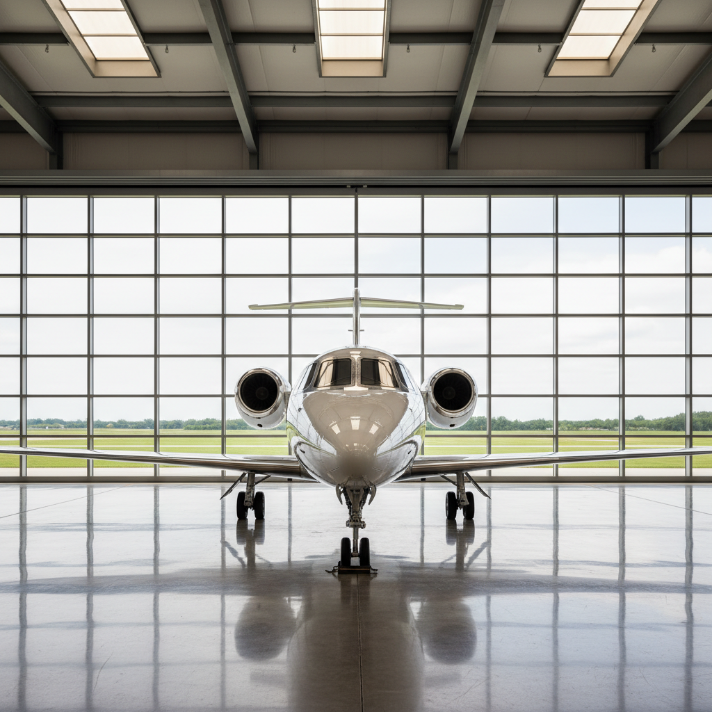 A meticulously cleaned private jet exterior with gleaming, smooth white fuselage and polished metallic accents, resting on a spotless hangar floor. The aircraft is positioned in the center of a wide, minimal hangar space with immaculate glass walls and subtle architectural detail. Soft, diffused daylight streams in through overhead windows, casting gentle highlights along the jet’s curves and creating clean, subtle reflections on the floor. The composition is structured and balanced, shot from a slightly elevated, straight-on angle to emphasize symmetry and precision. The overall mood is professional and orderly, evoking trust and reliability. Photographic realism with a clean, modern corporate aesthetic.