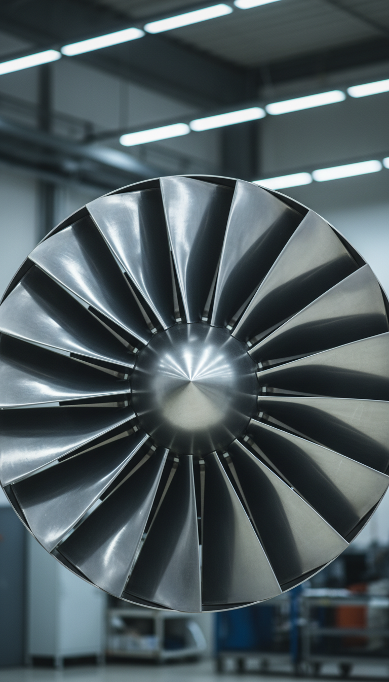 A close-up of gleaming jet turbine blades with polished titanium and brushed aluminum textures, displaying streak-free cleanliness and precision detailing. The turbine is set against a neutral, blurred background within a hangar, with the surroundings reduced to soft shapes and neutral tones to maintain focus on the mechanical intricacy. Overhead industrial lighting bathes the metal in cool, crisp light, highlighting the fine craftsmanship and reflective surfaces. Framed in a tight, centered composition with sharp foreground focus, the image conveys technical excellence and meticulous care. The atmosphere is modern and ultra-professional, in photographic realism with a structured, corporate layout.