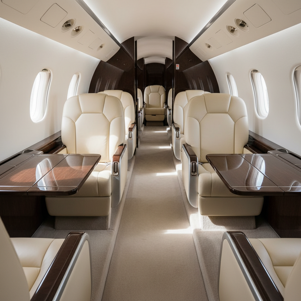 A luxurious aircraft interior with pristine cream leather seating, glossy wooden trim, and brushed aluminum details, showcased in a spotless, well-organized cabin. The scene is set in a private jet’s lounge area, with a tidy arrangement of seats and crisp white side panels. Natural light filters in through oval windows, creating soft highlights on the furnishings and subtle shadows that add depth to the space. The composition uses leading lines from the side windows and seating arrangement, shot from an eye-level perspective that emphasizes clarity and structure. The mood is calm, discreet, and welcoming, reflecting elite standards. Minimalist, photographic style for a high-end business feel.